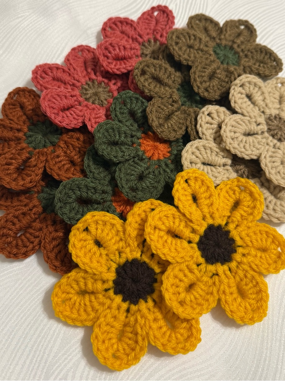 Handmade Crocheted Flower Appliqués –Yellow, Pink, Green, Brown, Cream set of 12